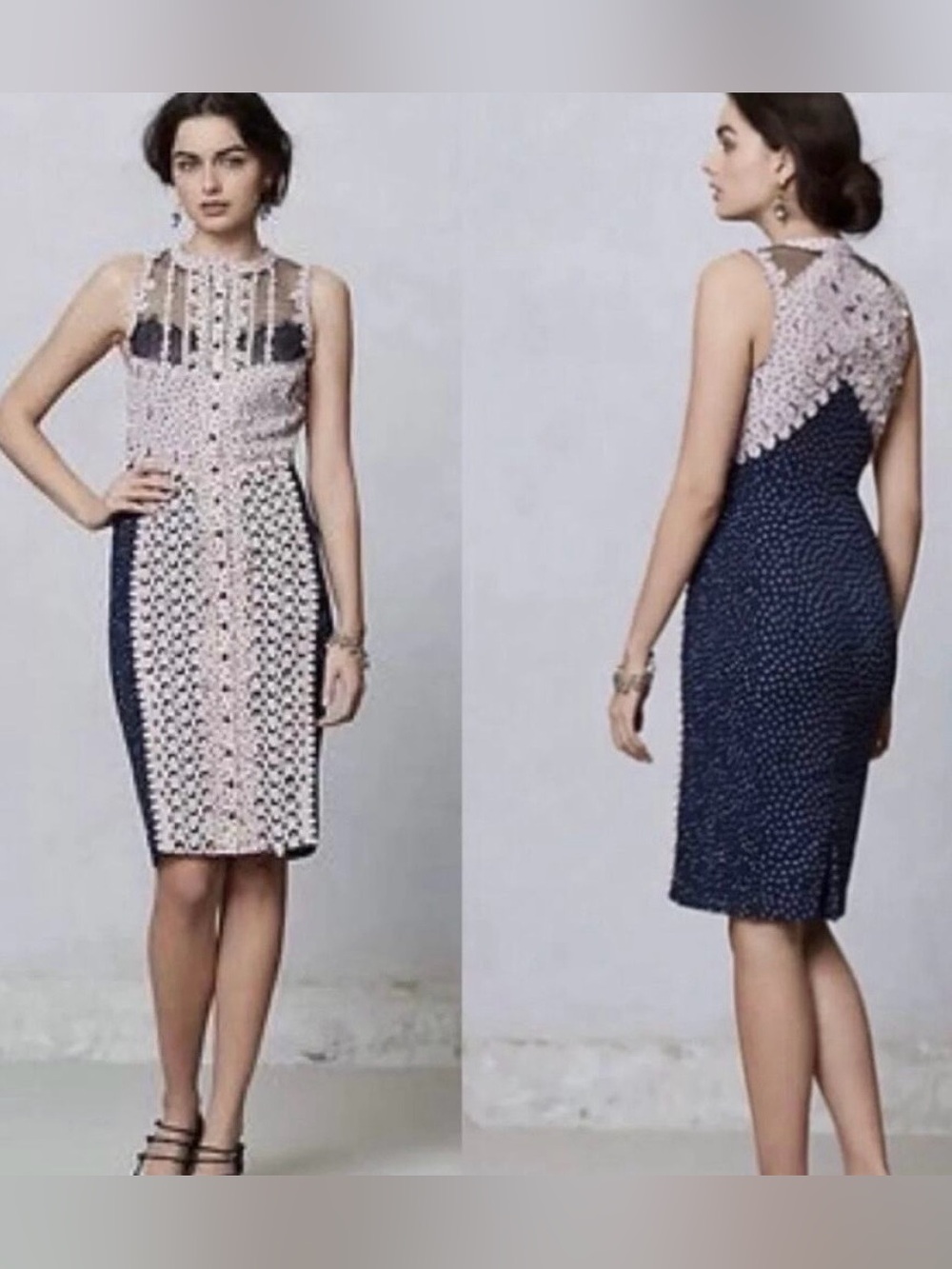 Anthropologie-Bryon Lars Navy and Blush Lace-Panel Midi Sheath Dress -Never Worn